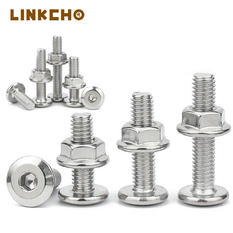 M3M4M5M6M8M10M12 304 Stainless Steel Large Flat Hex Hexagon Socket Head Allen Screw&Nuts Sets for Furniture Connector Joint Bolt
