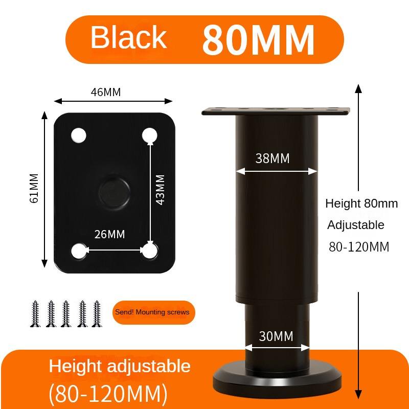 Modern Black Telescopic Adjustable Height Legs Iron Furniture Hardware for Bed Desk Cabinets Plastic Feet Stand for Home Office